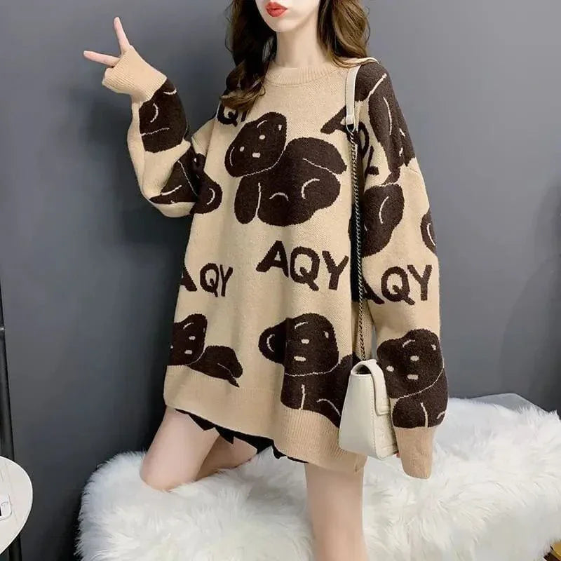 韓国系熊柄ニットセーター全3色<U-4357>