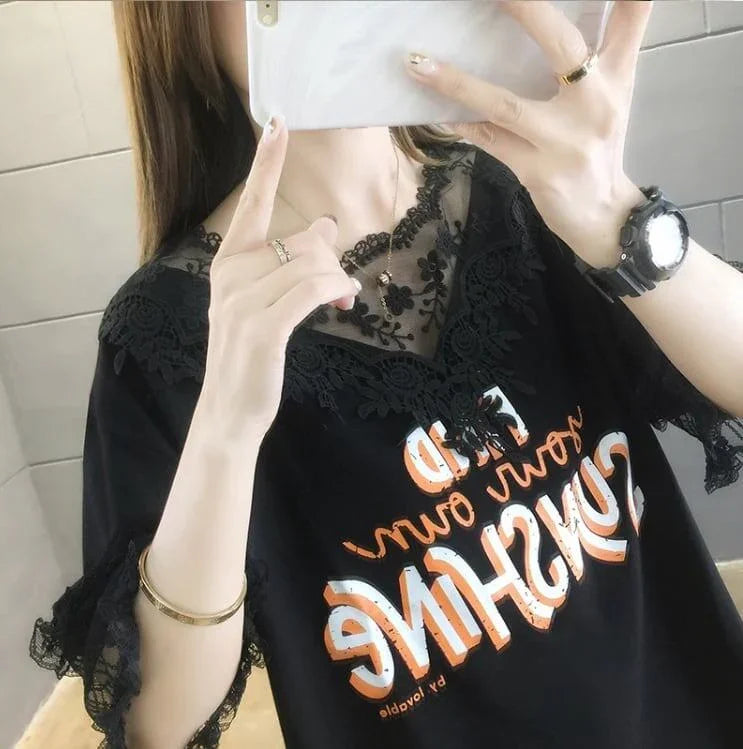 エレガントなレースステッチ半袖Tシャツ<U-3030>