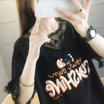 エレガントなレースステッチ半袖Tシャツ<U-3030>