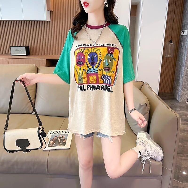 デザインセンスアメリカンレトロ漫画プリント半袖Tシャツニッチカラーマッチングトップスイン潮<U-2872>