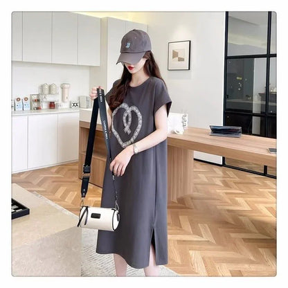 韓国系 ロング ハートマーク Tシャツ 半袖 ＜U-2837＞