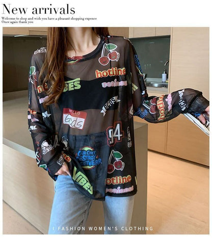 超人気 ルーズ 個性派 日焼け防止に透け感 Tシャツ＜U-8052＞
