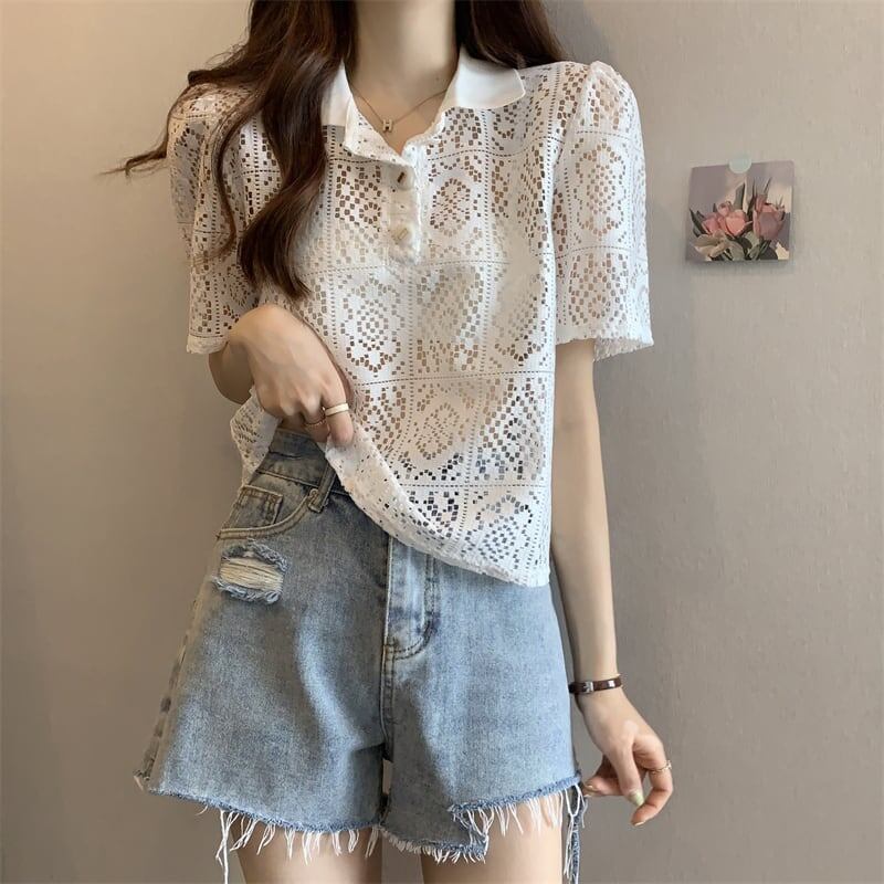 ファッション 透かし彫り 美人度アップ POLOネック Tシャツ カットソー＜U-3234＞