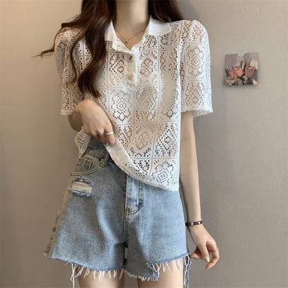 ファッション 透かし彫り 美人度アップ POLOネック Tシャツ カットソー＜U-3234＞