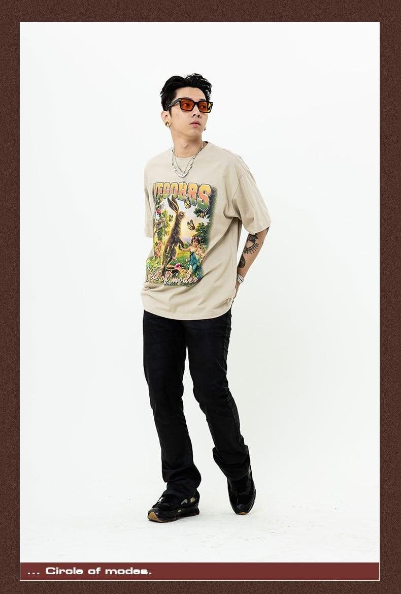 アメリカンレトロ絵画ウサギ半袖Tシャツカップル男女同スタイル<U-2910>
