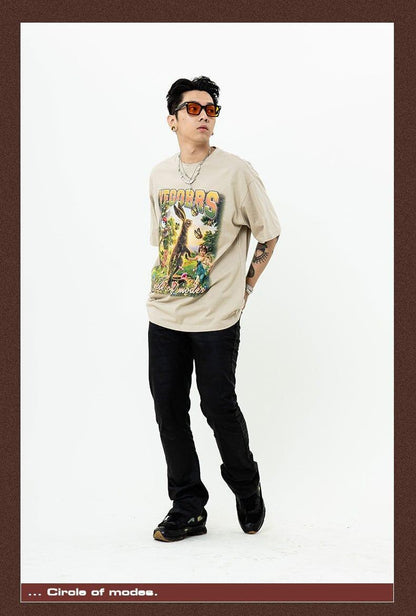 アメリカンレトロ絵画ウサギ半袖Tシャツカップル男女同スタイル<U-2910>
