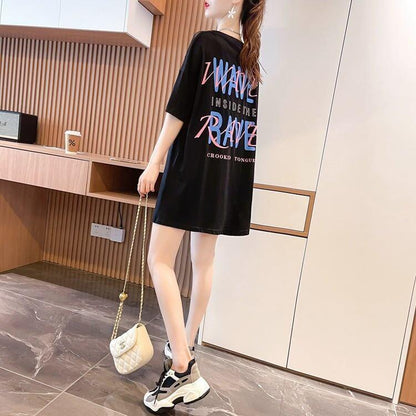 ファッションデザインレースミドル丈半袖Tシャツ<U-3017>