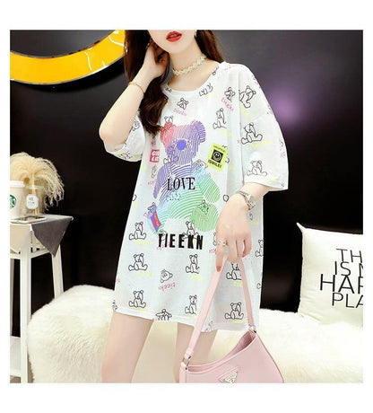 大活躍 プリント 熊柄 Tシャツ ラウンドネック ゆったり半袖＜U-3004＞