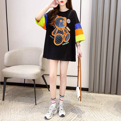 超人気商品 カラーマッチング ベアー柄 切り替え プリント ロング Tシャツ ゆったりワンピース ＜U-4024＞