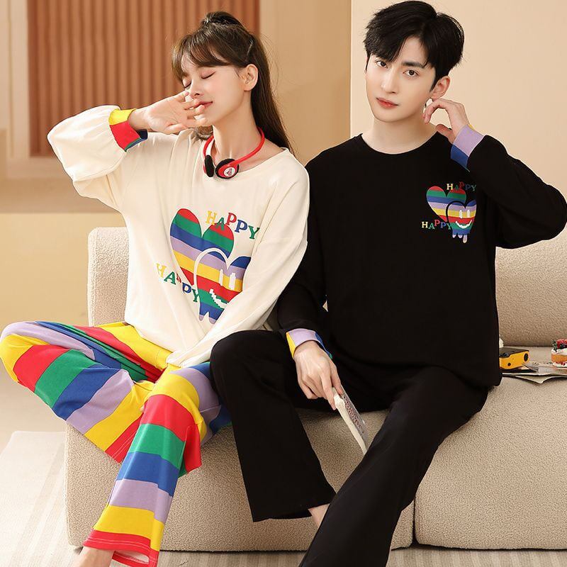 売り切れ必至 カラーマッチング カジュアル トップス+パンツ 男女2着セット パジャマ<U-8041>