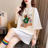 大活躍 ロング ビジューロゴ Tシャツ ゆったり 半袖 三色＜U-2922＞