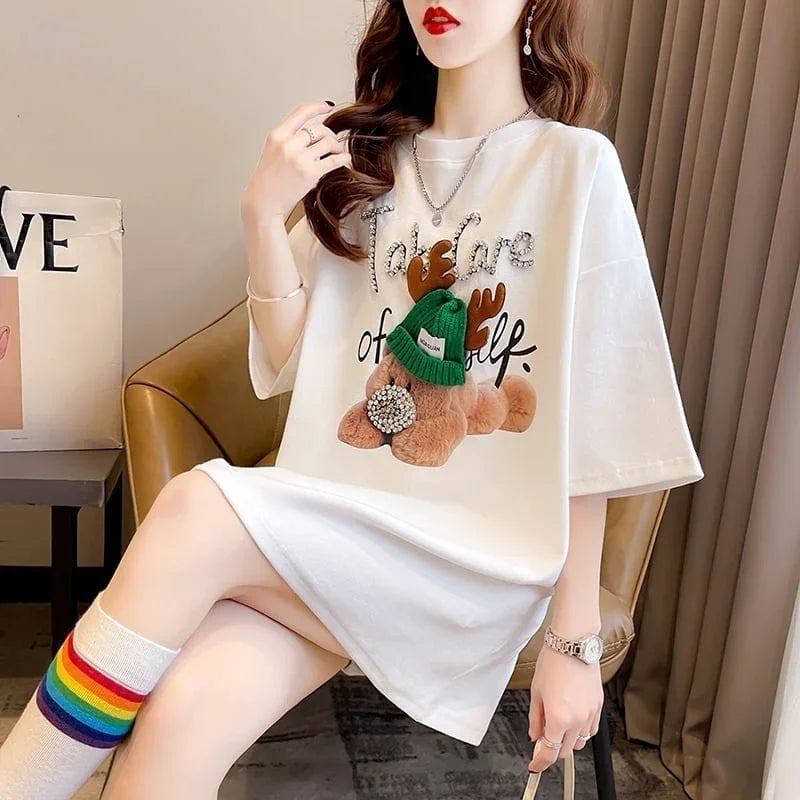 大活躍 ロング ビジューロゴ Tシャツ ゆったり 半袖 三色＜U-2922＞