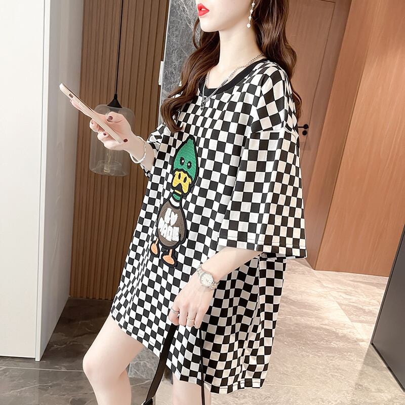 新商品 プリントTシャツ チェック柄 ゆったり半袖＜U-8694＞