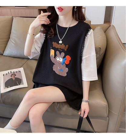 ワッフルフェイクツーピース漫画立体刺繍半袖Tシャツ<U-2871>