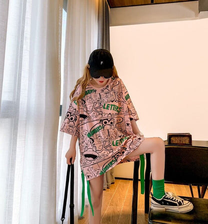 超人気 アバンギャルド 個性派 ラウンドネック プリント全2色 半袖Tシャツ<U-8720>