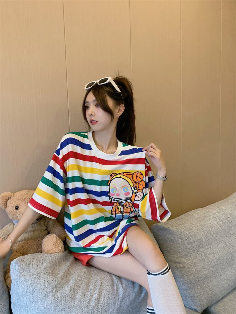 売り切れ必至 トレンドアイテム 存在感抜群 ストライプ柄 半袖Tシャツ<U-9270>