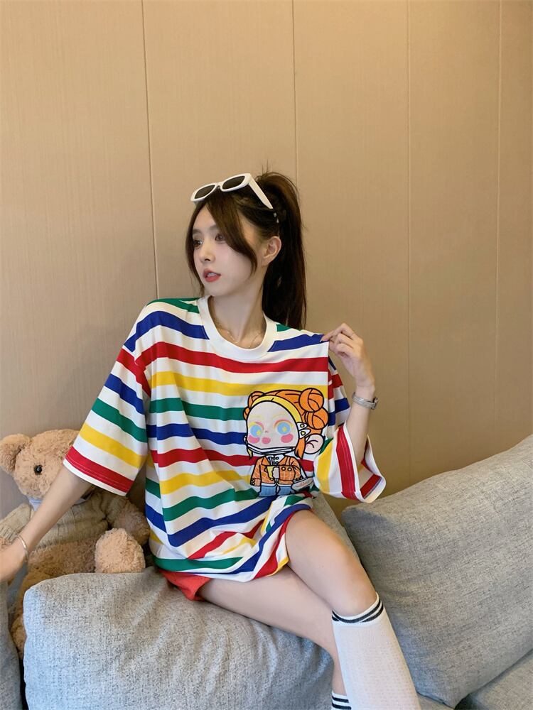 売り切れ必至 トレンドアイテム 存在感抜群 ストライプ柄 半袖Tシャツ<U-9270>