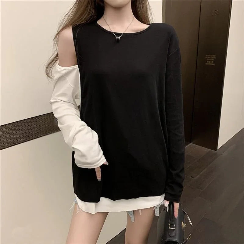 ファッション 高級感溢れた ラウンドネック 切り替え 配色 Tシャツ カットソー＜isf-2346＞