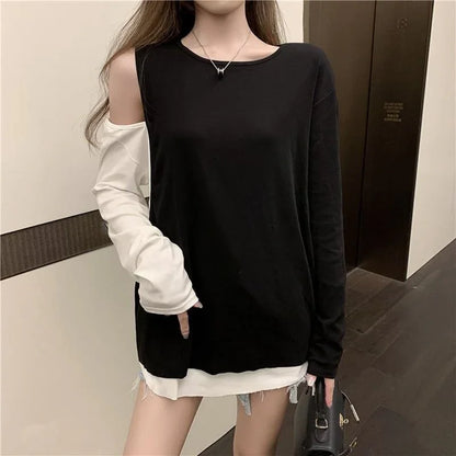 ファッション 高級感溢れた ラウンドネック 切り替え 配色 Tシャツ カットソー＜isf-2346＞