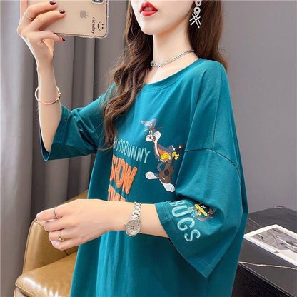 おすすめ アルファベット ラウンドネック プリントTシャツ ゆったり ワンピース＜U-3049＞