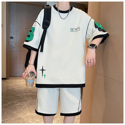 早い者勝ち カジュアル ファッション 切り替え 全3色 半袖Ｔシャツⅹパンツセット<U-8950>