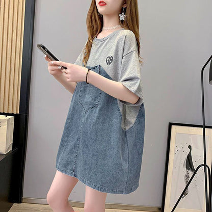 おすすめ デニム カジュアル 切り替え レイヤード風 全3色 ワンピース<U-8722>