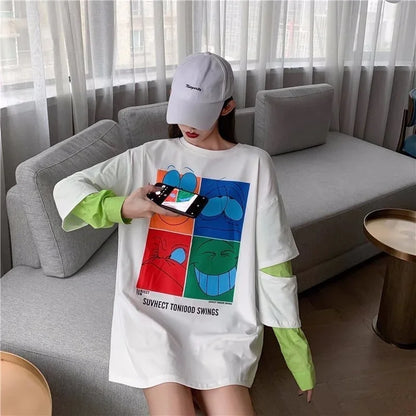 見逃し禁止レイヤード  グラフィックプリント 二色長袖Tシャツ＜U-4065＞