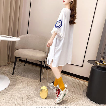 夏新作 アルファベット オーバーサイズ フリル プリントTシャツ 三色 ゆったり半袖＜U-3009＞