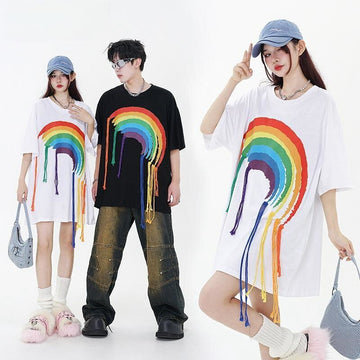 好感度UP 虹ロゴ タッセル ゆったり Tシャツ 全2色 ユニセックス半袖<U-4863>