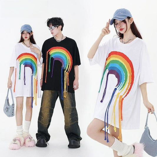 好感度UP 虹ロゴ タッセル ゆったり Tシャツ 全2色 ユニセックス半袖<U-4863>