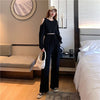 韓国風ファッション カジュアル ?感?佳 全2色 長袖Tシャツ＆ハイウエストワイドレッグパンツのセットアップ<U-9103>