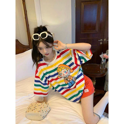 売り切れ必至 トレンドアイテム 存在感抜群 ストライプ柄 半袖Tシャツ<U-9270>