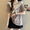 超人気 レース スウィート 切り替え プリント 3色選択 半袖Tシャツ＜U-8825＞