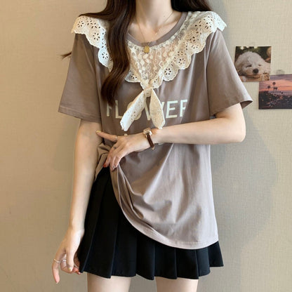 超人気 レース スウィート 切り替え プリント 3色選択 半袖Tシャツ＜U-8825＞