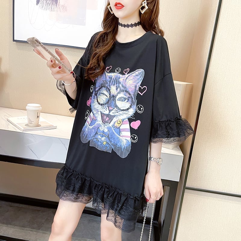 好感度満載 プリント 美感いっぱい Tシャツ カットソー ワンピース＜U-3428＞