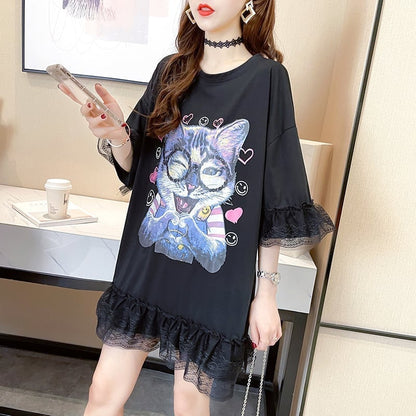 好感度満載 プリント 美感いっぱい Tシャツ カットソー ワンピース＜U-3428＞