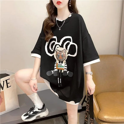 気質ルーズ漫画プリントミッドレングス半袖Tシャツ<U-3026>