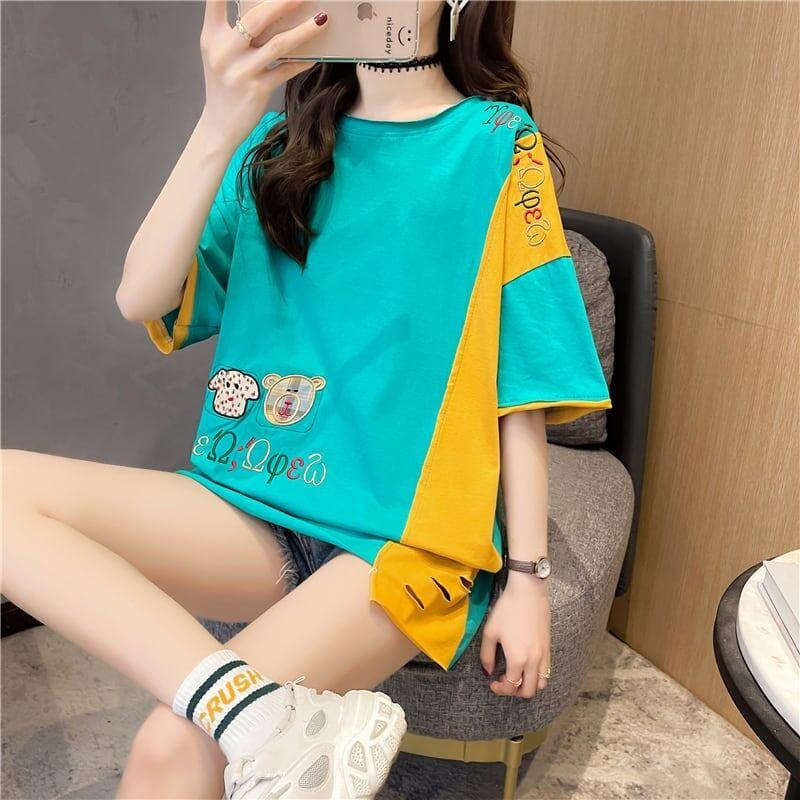 韓国風漫画刺繍ワッペン半袖Tシャツ<U-2991>
