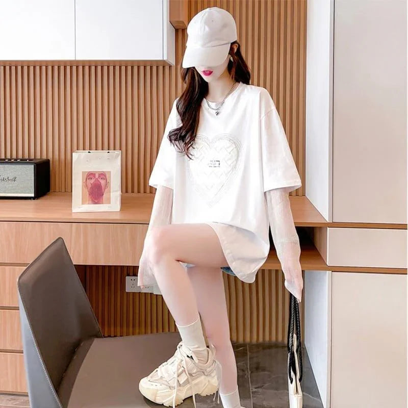 個性的なデザイン プリント 日焼け対策 切り替え Tシャツ カットソー＜U-3003＞