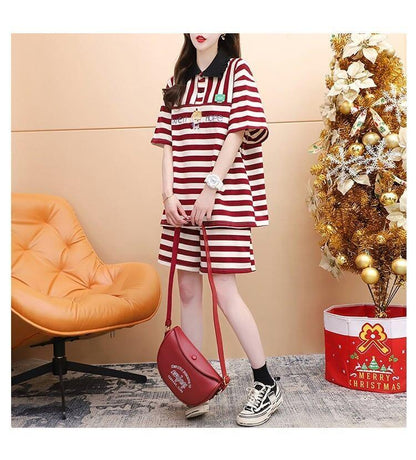 韓国系 POLOネック ストライプ柄 半袖Tシャツⅹショートパンツセットアップ ＜U-2926＞