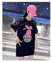 レースステッチアイスシルクニットルーズラビットプリント半袖Tシャツ<U-5038>