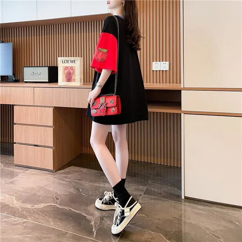 大注目 ドロップショルダー 落書き カラーマッチング プリントTシャツ ゆったり半袖 ＜U-3010＞