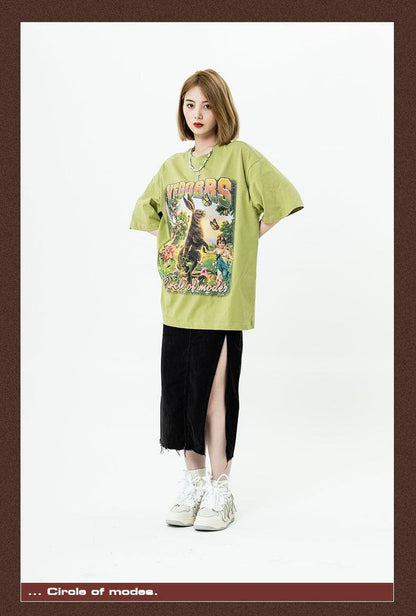 アメリカンレトロ絵画ウサギ半袖Tシャツカップル男女同スタイル<U-2910>