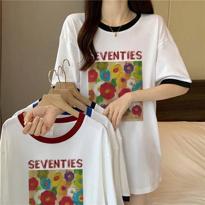 着せ 配色 プリント ロング Tシャツ 四色 ゆったり半袖 ＜U-3019＞