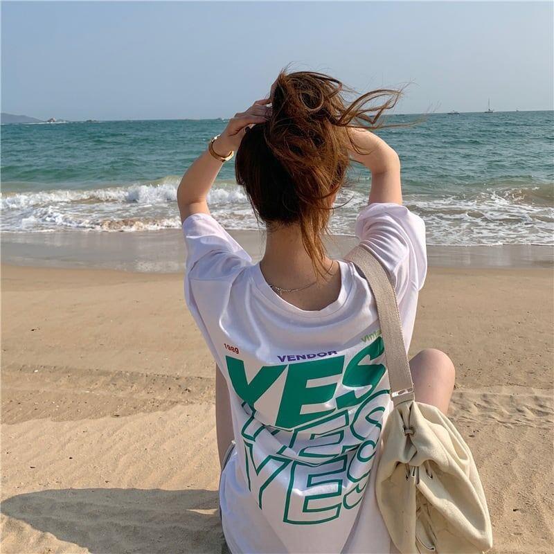 着心地良い プリント アルファベット ロング Tシャツ ゆったり半袖 ＜U-2851＞