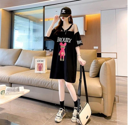 売り切れ必至 Vネック セクシー 切り替え チュール プリントTシャツ ゆったりワンピース ＜U-3050＞