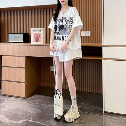 絶対流行 レイヤード風 レース プリント全2色 半袖Tシャツ<U-8821>