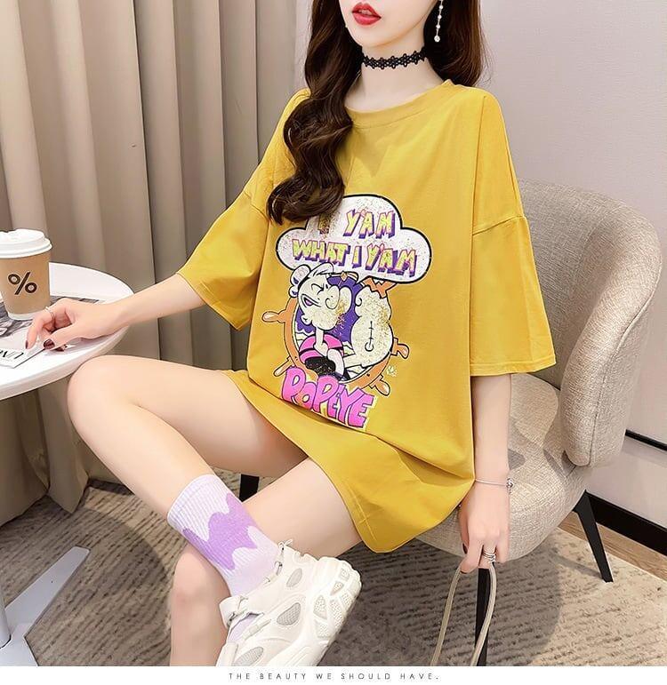 【半額！期間限定！！】グラフィック レース 透かし彫り ロング Tシャツ ゆったりワンピース ＜U-4021＞