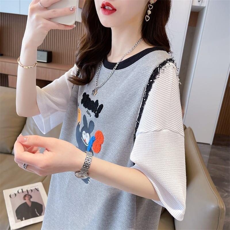 ワッフルフェイクツーピース漫画立体刺繍半袖Tシャツ<U-2871>
