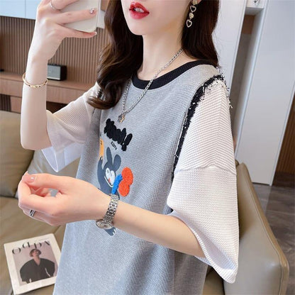 ワッフルフェイクツーピース漫画立体刺繍半袖Tシャツ<U-2871>